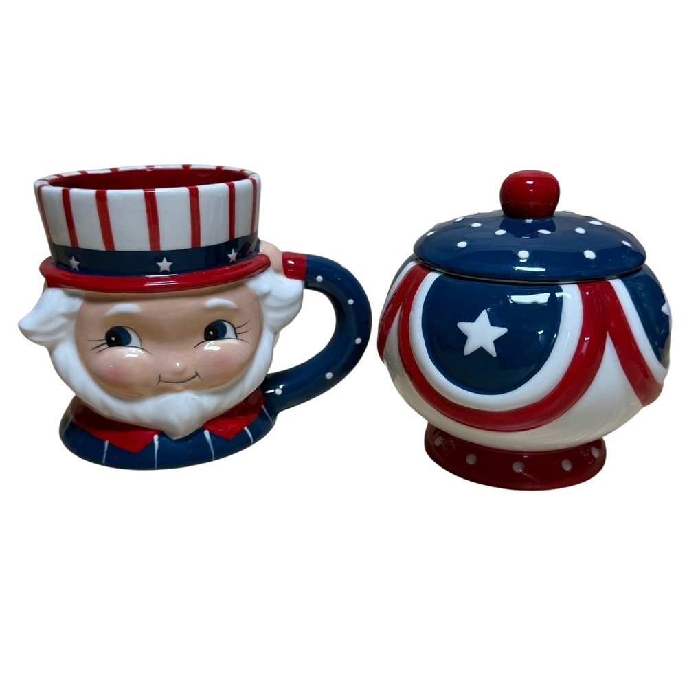 Johanna Parker Carnival Cottage Uncle Sam Mug and Sugar Bowl Set Patriotic USA